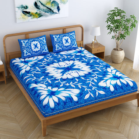SheetKart Country Garden Floral 144 TC 100% Cotton Double Bedsheet Jaipuri Printed Bed Cover with 2 Pillow Covers - Charm Blue 