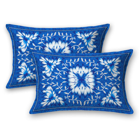 SheetKart Country Garden Floral 144 TC 100% Cotton Double Bedsheet Jaipuri Printed Bed Cover with 2 Pillow Covers - Charm Blue 