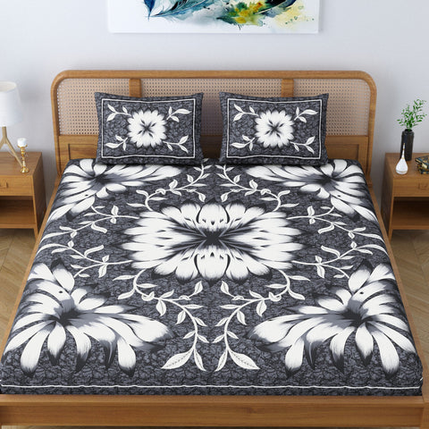 SheetKart Country Garden Floral 100% Cotton Double Bedsheet Jaipuri Printed Bed Cover with 2 Pillow Covers - Charcoal Grey 