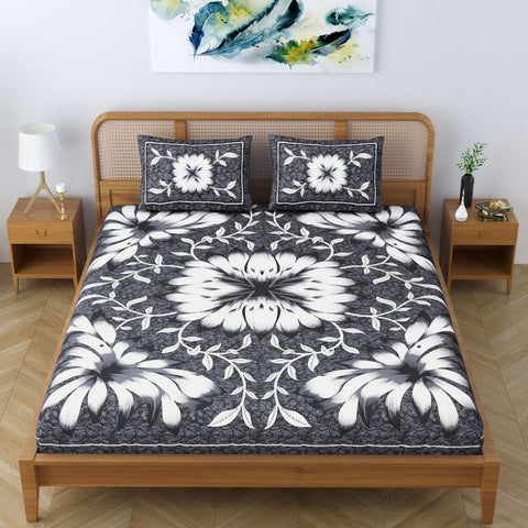 SheetKart Country Garden Floral 100% Cotton Double Bedsheet Jaipuri Printed Bed Cover with 2 Pillow Covers - Charcoal Grey 