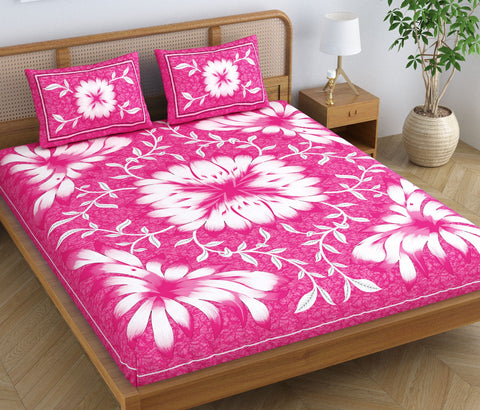 SheetKart Country Garden Floral 100% Cotton Double Bedsheet Jaipuri Printed Bed Cover with 2 Pillow Covers - Pink Pearl 