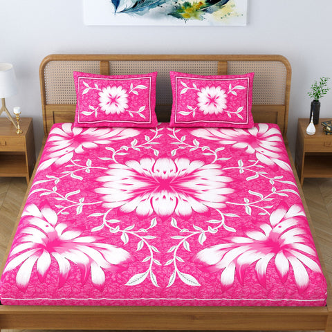 SheetKart Country Garden Floral 100% Cotton Double Bedsheet Jaipuri Printed Bed Cover with 2 Pillow Covers - Pink Pearl 