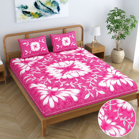 SheetKart Country Garden Floral 100% Cotton Double Bedsheet Jaipuri Printed Bed Cover with 2 Pillow Covers - Pink Pearl 