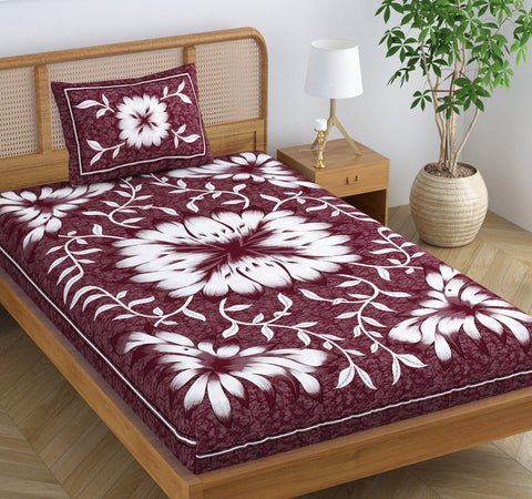 SheetKart Blossoms 100% Pure Cotton Jaipuri Printed Bedsheet for Single Bed with 1 Pillow Cover, Traditional Ethnic Bed Cover - Choco