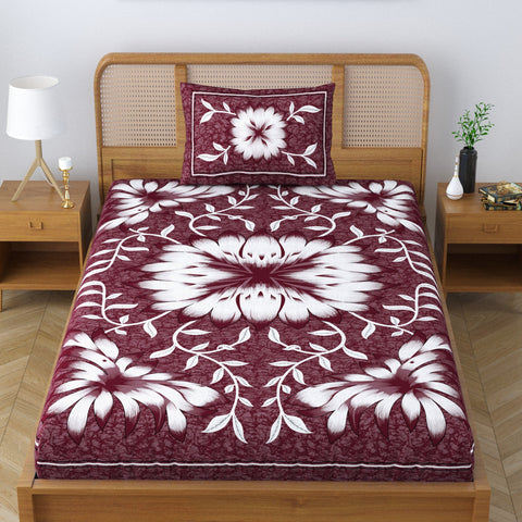 SheetKart Blossoms 100% Pure Cotton Jaipuri Printed Bedsheet for Single Bed with 1 Pillow Cover, Traditional Ethnic Bed Cover - Choco