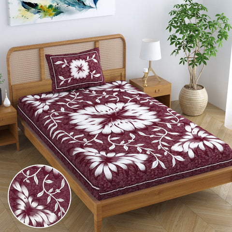 SheetKart Blossoms 100% Pure Cotton Jaipuri Printed Bedsheet for Single Bed with 1 Pillow Cover, Traditional Ethnic Bed Cover - Choco