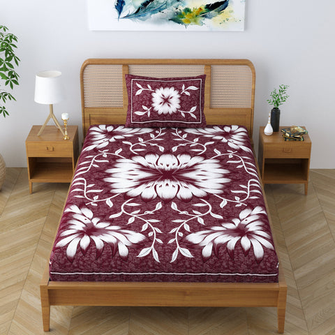 SheetKart Blossoms 100% Pure Cotton Jaipuri Printed Bedsheet for Single Bed with 1 Pillow Cover, Traditional Ethnic Bed Cover - Choco