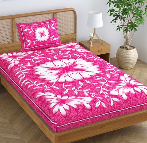 SheetKart Blossoms 100% Pure Cotton Jaipuri Printed Bedsheet for Single Bed with 1 Pillow Cover, Traditional Ethnic Bed Cover - Shell Pink