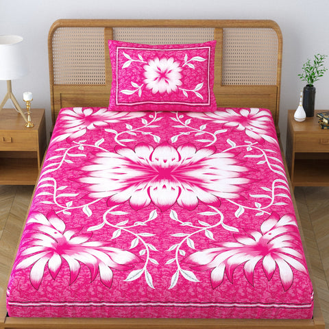 SheetKart Blossoms 100% Pure Cotton Jaipuri Printed Bedsheet for Single Bed with 1 Pillow Cover, Traditional Ethnic Bed Cover - Shell Pink