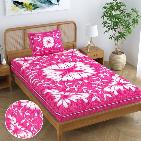 SheetKart Blossoms 100% Pure Cotton Jaipuri Printed Bedsheet for Single Bed with 1 Pillow Cover, Traditional Ethnic Bed Cover - Shell Pink