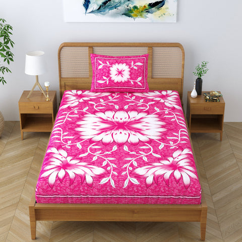 SheetKart Blossoms 100% Pure Cotton Jaipuri Printed Bedsheet for Single Bed with 1 Pillow Cover, Traditional Ethnic Bed Cover - Shell Pink