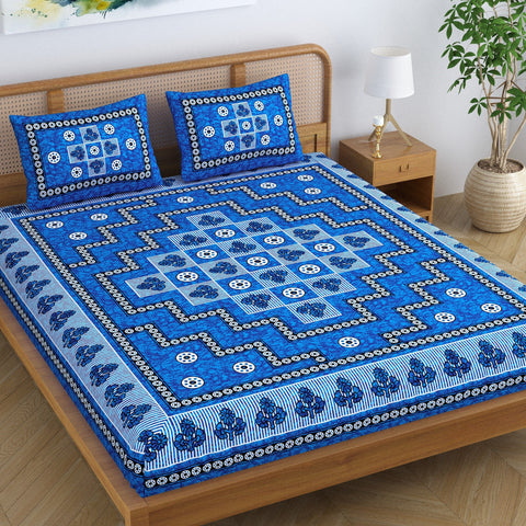 SheetKart Arcade 144 TC 100% Cotton Double Bedsheet Jaipuri Printed Bed Cover with 2 Pillow Covers - Placid Blue 