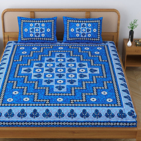 SheetKart Arcade 144 TC 100% Cotton Double Bedsheet Jaipuri Printed Bed Cover with 2 Pillow Covers - Placid Blue 