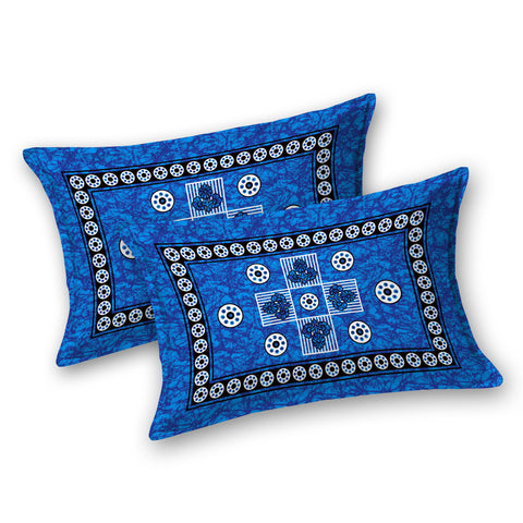 SheetKart Arcade 144 TC 100% Cotton Double Bedsheet Jaipuri Printed Bed Cover with 2 Pillow Covers - Placid Blue 