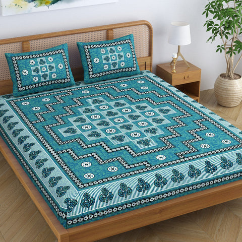 SheetKart Arcade 144 TC 100% Cotton Double Bedsheet Jaipuri Printed Bed Cover with 2 Pillow Covers - Sea Green 