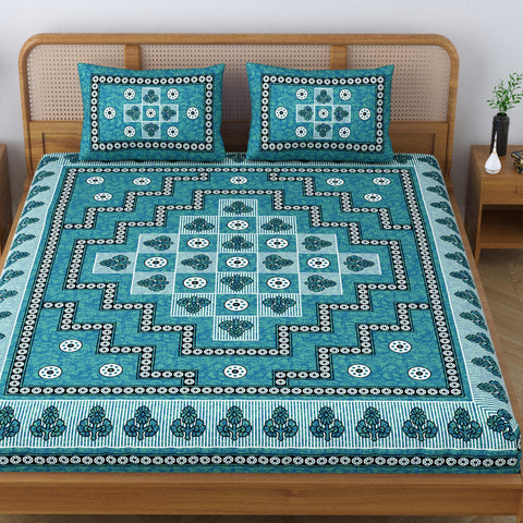 SheetKart Arcade 144 TC 100% Cotton Double Bedsheet Jaipuri Printed Bed Cover with 2 Pillow Covers - Sea Green 