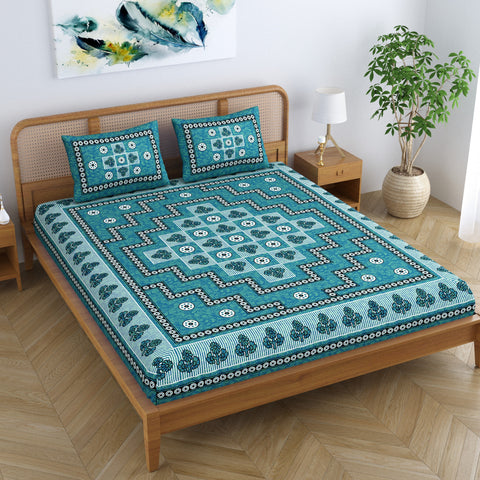 SheetKart Arcade 144 TC 100% Cotton Double Bedsheet Jaipuri Printed Bed Cover with 2 Pillow Covers - Sea Green 