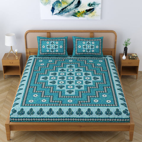 SheetKart Arcade 144 TC 100% Cotton Double Bedsheet Jaipuri Printed Bed Cover with 2 Pillow Covers - Sea Green 
