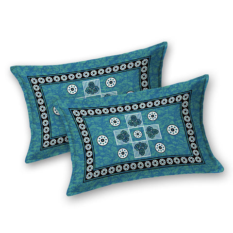 SheetKart Arcade 144 TC 100% Cotton Double Bedsheet Jaipuri Printed Bed Cover with 2 Pillow Covers - Sea Green 