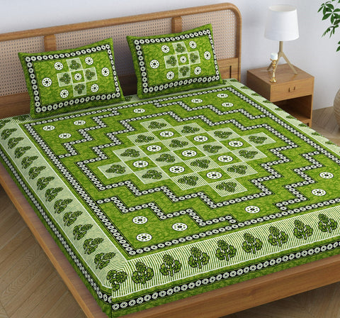 SheetKart Arcade 144 TC 100% Cotton Double Bedsheet Jaipuri Printed Bed Cover with 2 Pillow Covers - Lightning Green 