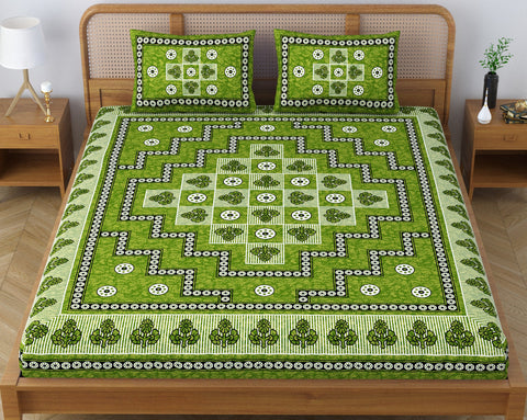 SheetKart Arcade 144 TC 100% Cotton Double Bedsheet Jaipuri Printed Bed Cover with 2 Pillow Covers - Lightning Green 