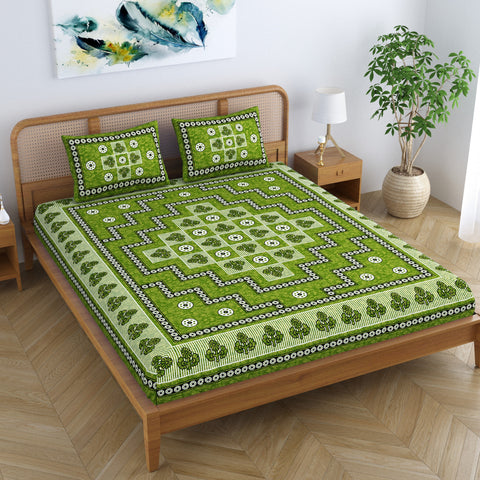 SheetKart Arcade 144 TC 100% Cotton Double Bedsheet Jaipuri Printed Bed Cover with 2 Pillow Covers - Lightning Green 