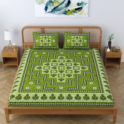 SheetKart Arcade 144 TC 100% Cotton Double Bedsheet Jaipuri Printed Bed Cover with 2 Pillow Covers - Lightning Green 