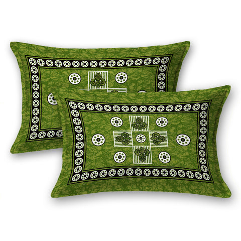 SheetKart Arcade 144 TC 100% Cotton Double Bedsheet Jaipuri Printed Bed Cover with 2 Pillow Covers - Lightning Green 