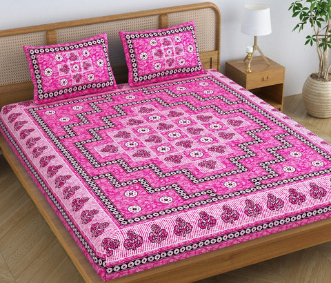 SheetKart Arcade 144 TC 100% Cotton Double Bedsheet Jaipuri Printed Bed Cover with 2 Pillow Covers - Lightning Pink 