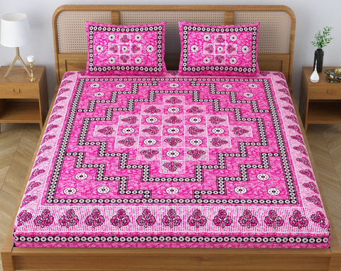 SheetKart Arcade 144 TC 100% Cotton Double Bedsheet Jaipuri Printed Bed Cover with 2 Pillow Covers - Lightning Pink 