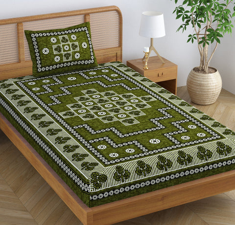 SheetKart Blossoms 100% Pure Cotton Jaipuri Printed Bedsheet for Single Bed with 1 Pillow Cover, Traditional Ethnic Bed Cover - Pea Green