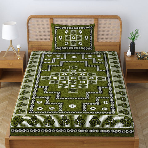 SheetKart Blossoms 100% Pure Cotton Jaipuri Printed Bedsheet for Single Bed with 1 Pillow Cover, Traditional Ethnic Bed Cover - Pea Green