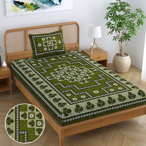 SheetKart Blossoms 100% Pure Cotton Jaipuri Printed Bedsheet for Single Bed with 1 Pillow Cover, Traditional Ethnic Bed Cover - Pea Green
