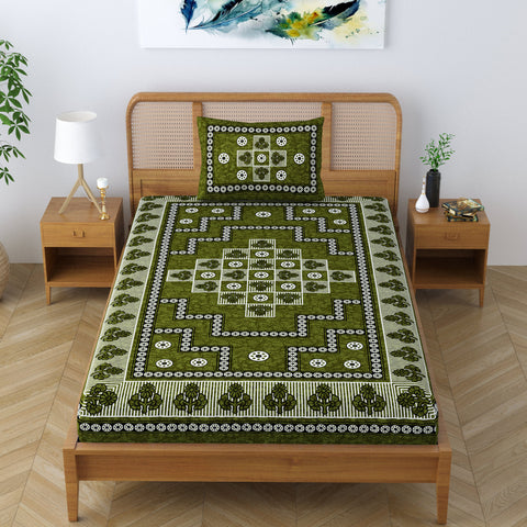 SheetKart Blossoms 100% Pure Cotton Jaipuri Printed Bedsheet for Single Bed with 1 Pillow Cover, Traditional Ethnic Bed Cover - Pea Green