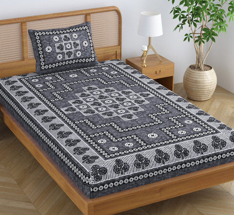 SheetKart Blossoms 100% Pure Cotton Jaipuri Printed Bedsheet for Single Bed with 1 Pillow Cover, Traditional Ethnic Bed Cover - Light Grey