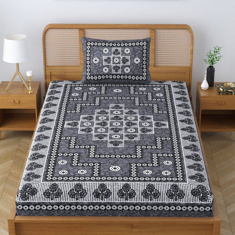 SheetKart Blossoms 100% Pure Cotton Jaipuri Printed Bedsheet for Single Bed with 1 Pillow Cover, Traditional Ethnic Bed Cover - Light Grey