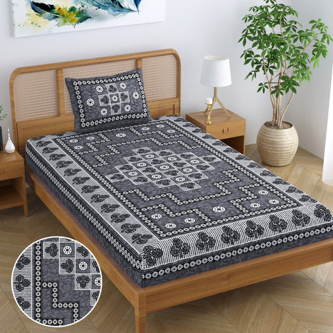 SheetKart Blossoms 100% Pure Cotton Jaipuri Printed Bedsheet for Single Bed with 1 Pillow Cover, Traditional Ethnic Bed Cover - Light Grey