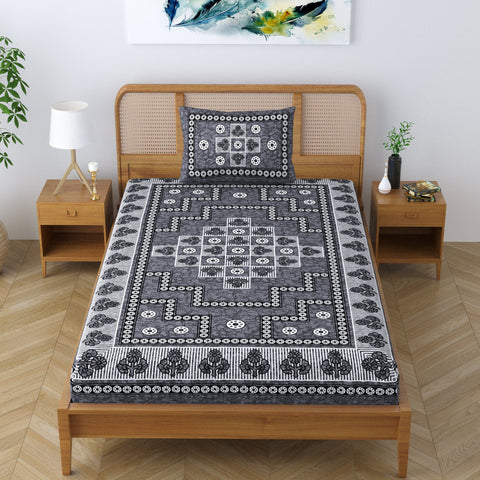 SheetKart Blossoms 100% Pure Cotton Jaipuri Printed Bedsheet for Single Bed with 1 Pillow Cover, Traditional Ethnic Bed Cover - Light Grey