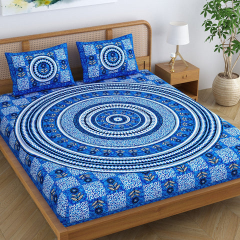 SheetKart Lily Floral 144 TC 100% Cotton Double Bedsheet Jaipuri Printed Bed Cover with 2 Pillow Covers - Placid Blue 