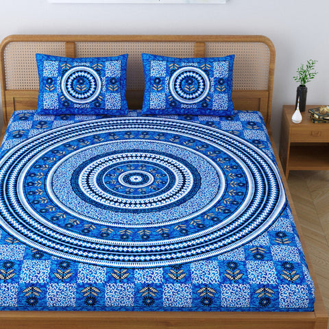 SheetKart Lily Floral 144 TC 100% Cotton Double Bedsheet Jaipuri Printed Bed Cover with 2 Pillow Covers - Placid Blue 
