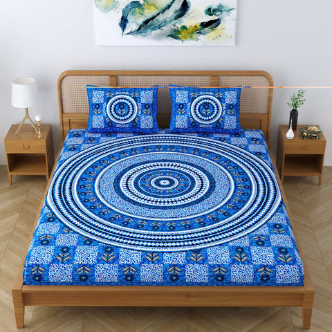 SheetKart Lily Floral 144 TC 100% Cotton Double Bedsheet Jaipuri Printed Bed Cover with 2 Pillow Covers - Placid Blue 
