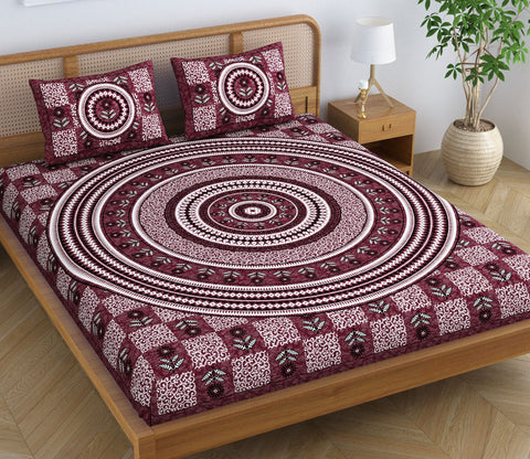 SheetKart Lily Floral 100% Cotton Double Bedsheet Jaipuri Printed Bed Cover with 2 Pillow Covers - Dark Choco 