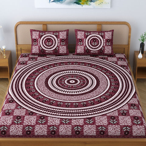 SheetKart Lily Floral 100% Cotton Double Bedsheet Jaipuri Printed Bed Cover with 2 Pillow Covers - Dark Choco 
