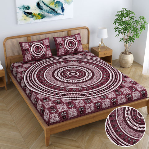 SheetKart Lily Floral 100% Cotton Double Bedsheet Jaipuri Printed Bed Cover with 2 Pillow Covers - Dark Choco 