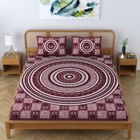 SheetKart Lily Floral 100% Cotton Double Bedsheet Jaipuri Printed Bed Cover with 2 Pillow Covers - Dark Choco 
