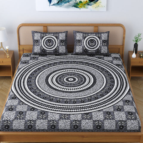  
SheetKart Lily Floral 144 TC 100% Cotton Double Bedsheet Jaipuri Printed Bed Cover with 2 Pillow Covers - Charcoal Grey 