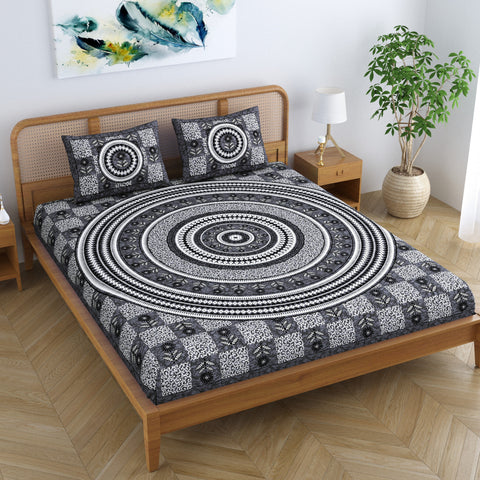  
SheetKart Lily Floral 144 TC 100% Cotton Double Bedsheet Jaipuri Printed Bed Cover with 2 Pillow Covers - Charcoal Grey 