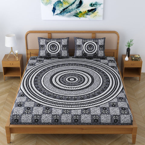  
SheetKart Lily Floral 144 TC 100% Cotton Double Bedsheet Jaipuri Printed Bed Cover with 2 Pillow Covers - Charcoal Grey 