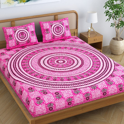 SheetKart Lily Floral 144 TC 100% Cotton Double Bedsheet Jaipuri Printed Bed Cover with 2 Pillow Covers - Pink Pearl 