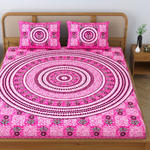 SheetKart Lily Floral 144 TC 100% Cotton Double Bedsheet Jaipuri Printed Bed Cover with 2 Pillow Covers - Pink Pearl 